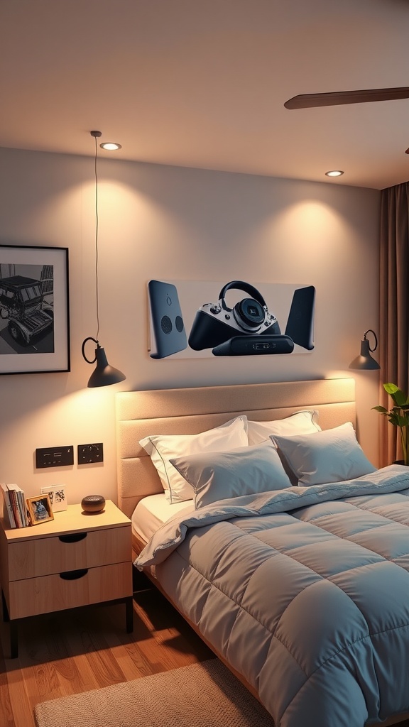 A modern bedroom with smart technology, including a speaker and wall-mounted devices.