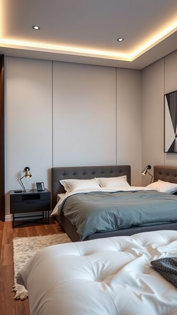 Modern bedroom with smart technology integration, featuring recessed lighting and a minimalist design.