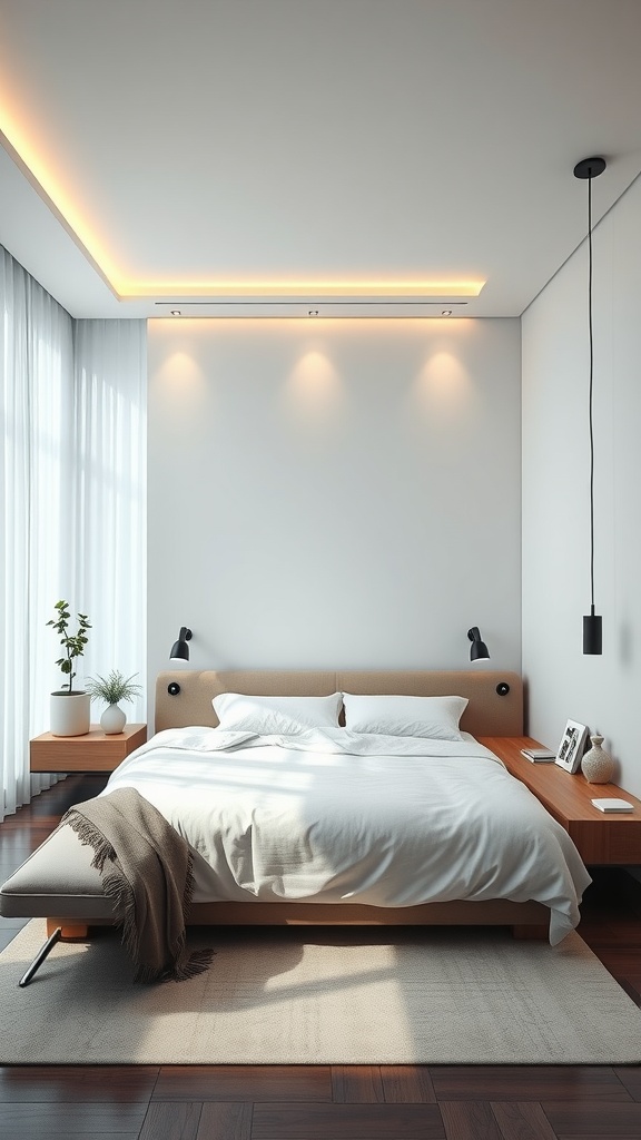 A modern bedroom featuring smart technology integration with ambient lighting and minimalist design.
