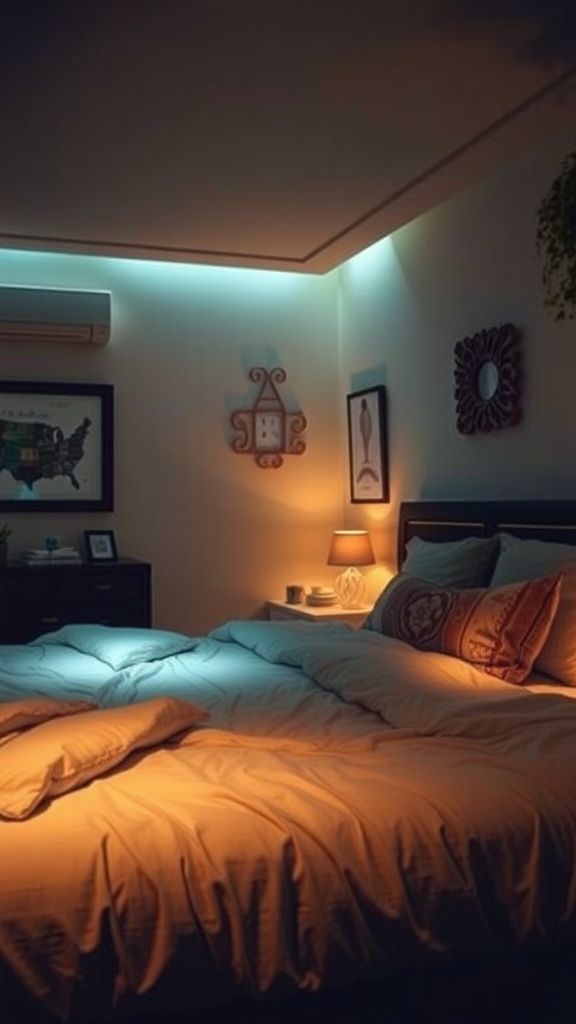 A cozy modern bedroom with soft ambient lighting, featuring an illuminated bed and decorative wall art.