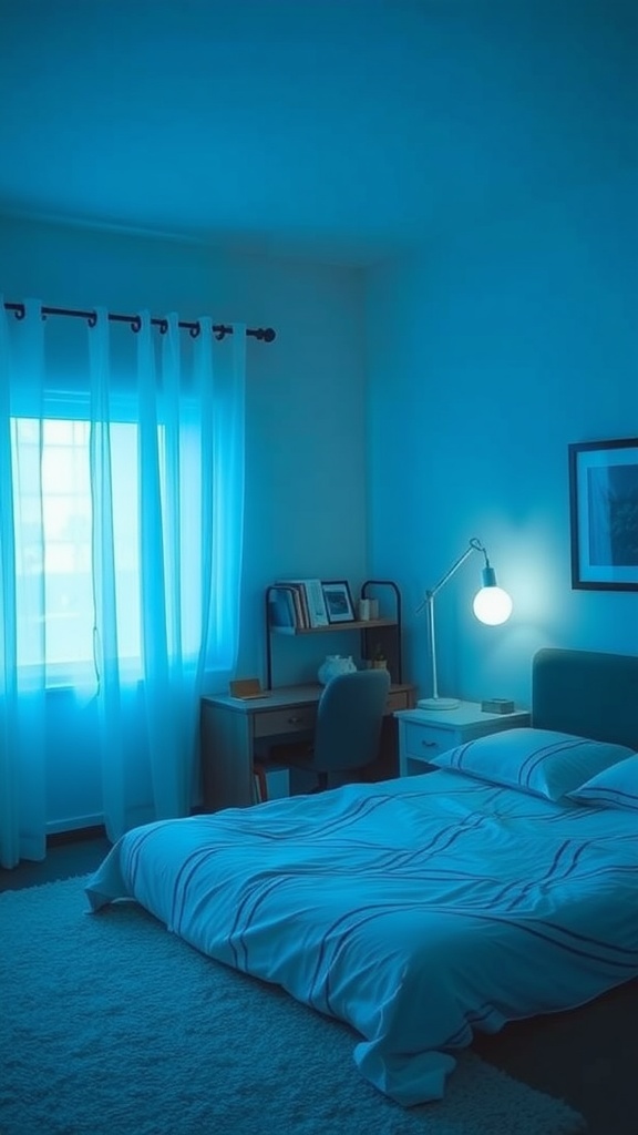 A cozy bedroom with soft blue lighting, showcasing a bed with striped sheets, a desk, and bright curtains.