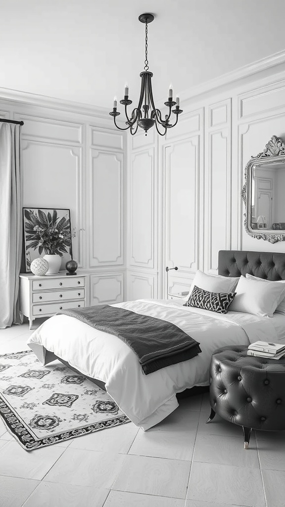 A chic monochrome bedroom featuring elegant decor, a chandelier, and a plush bed.