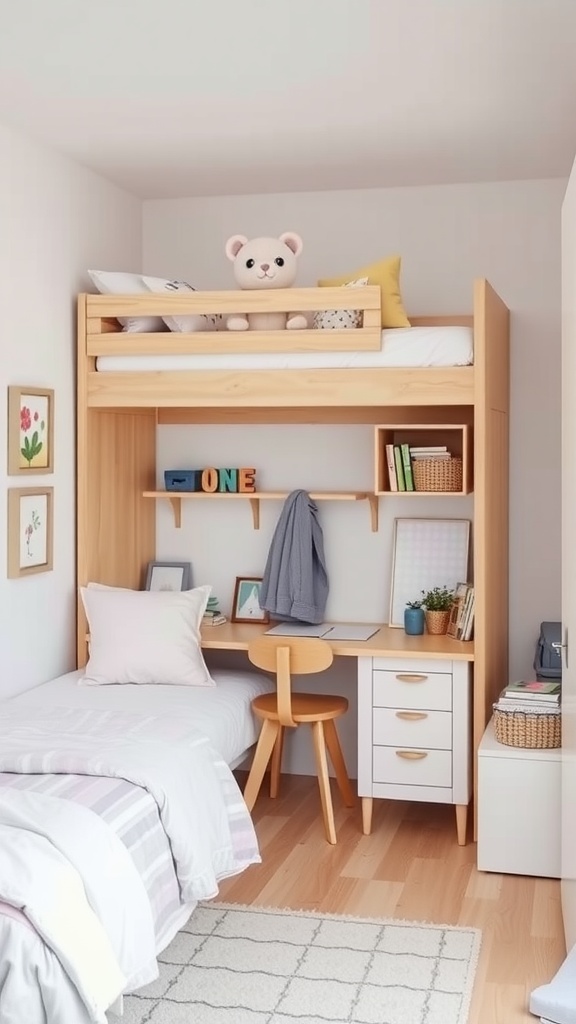 A cozy small bedroom featuring a lofted bed with a desk underneath, soft bedding, and light wood furniture.