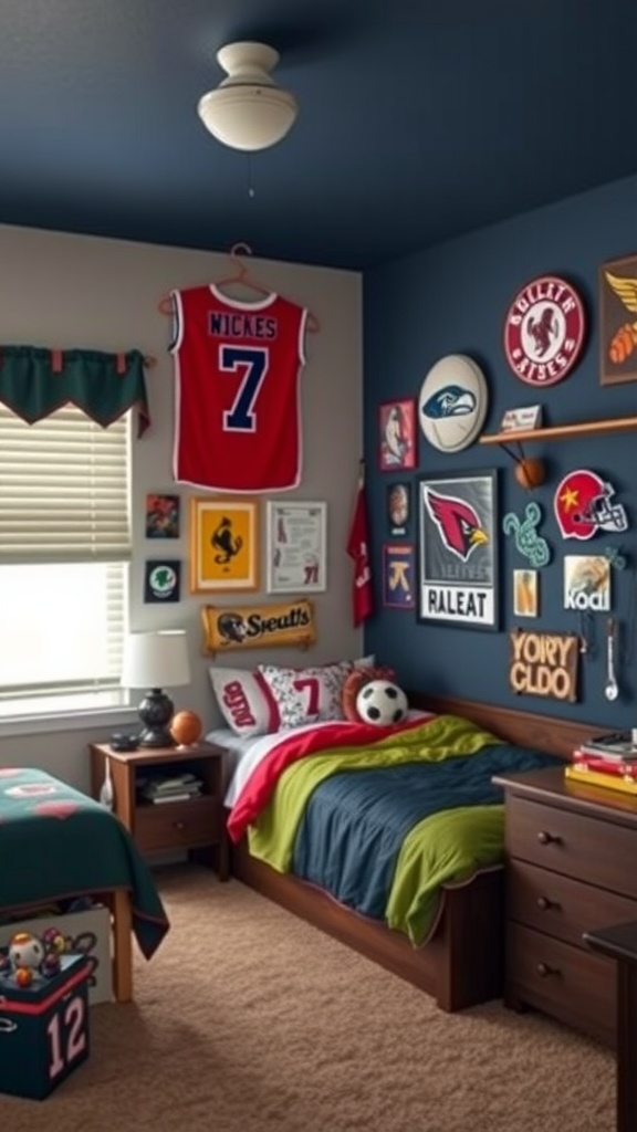 A sporty bedroom featuring a jersey, colorful bedding, and sports memorabilia.
