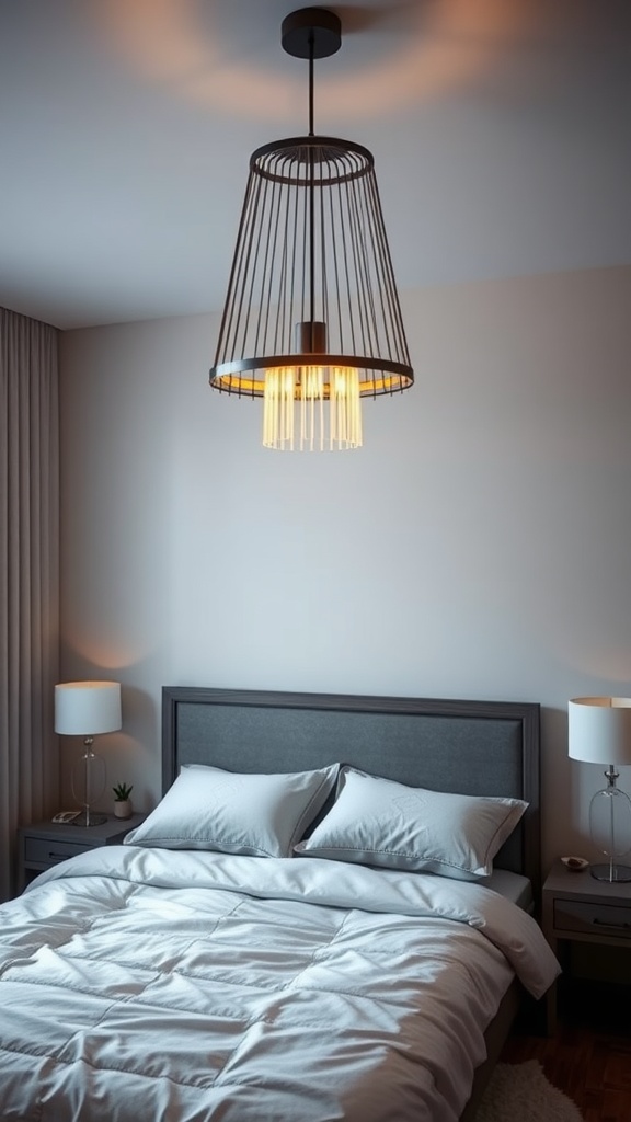 A modern bedroom featuring a unique hanging light fixture above the bed.