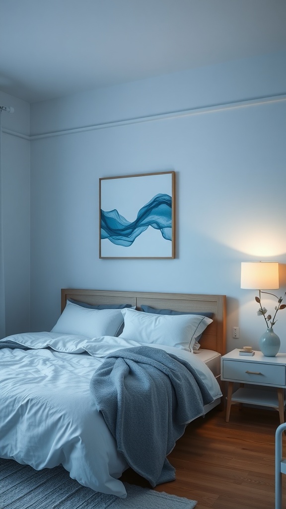 A serene bedroom featuring subtle blue wall art, white bedding, and a natural wood headboard.