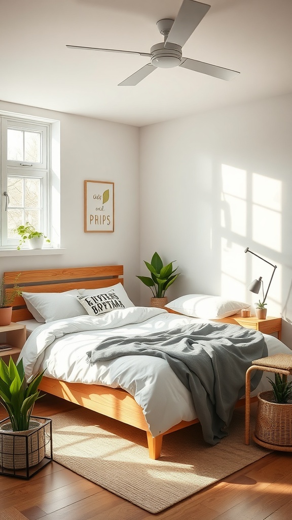 Bright and airy bedroom featuring sustainable design elements, plants, and natural materials.