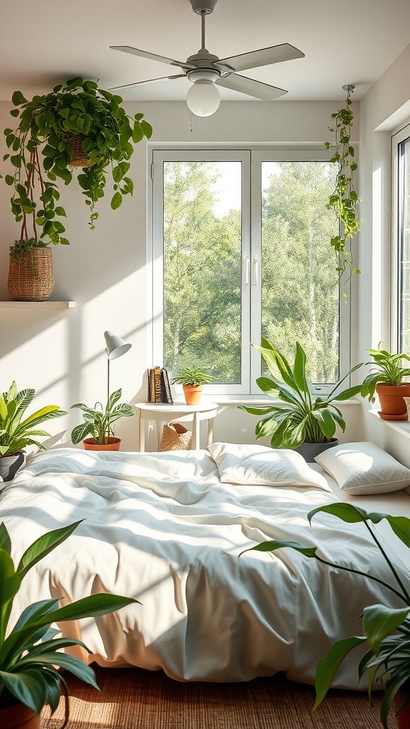 A bright and airy bedroom featuring plenty of indoor plants, a white duvet, and large windows that let in natural light.