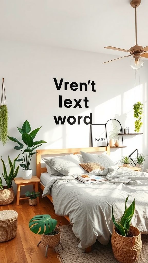 A cozy bedroom with wooden furniture, plants, and natural light.