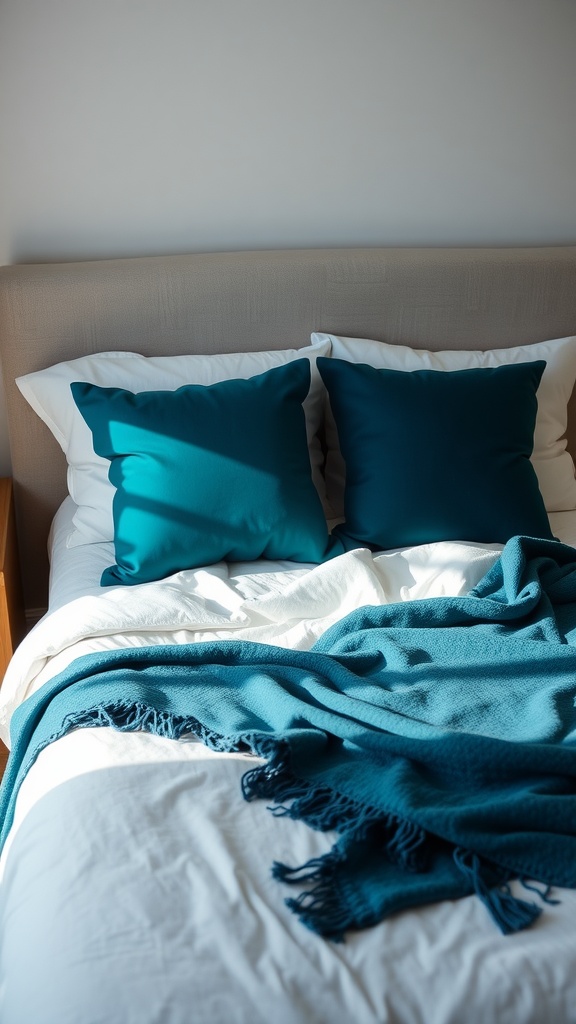 A cozy bedroom scene featuring teal accent pillows on a bed with a white duvet and a matching teal blanket.