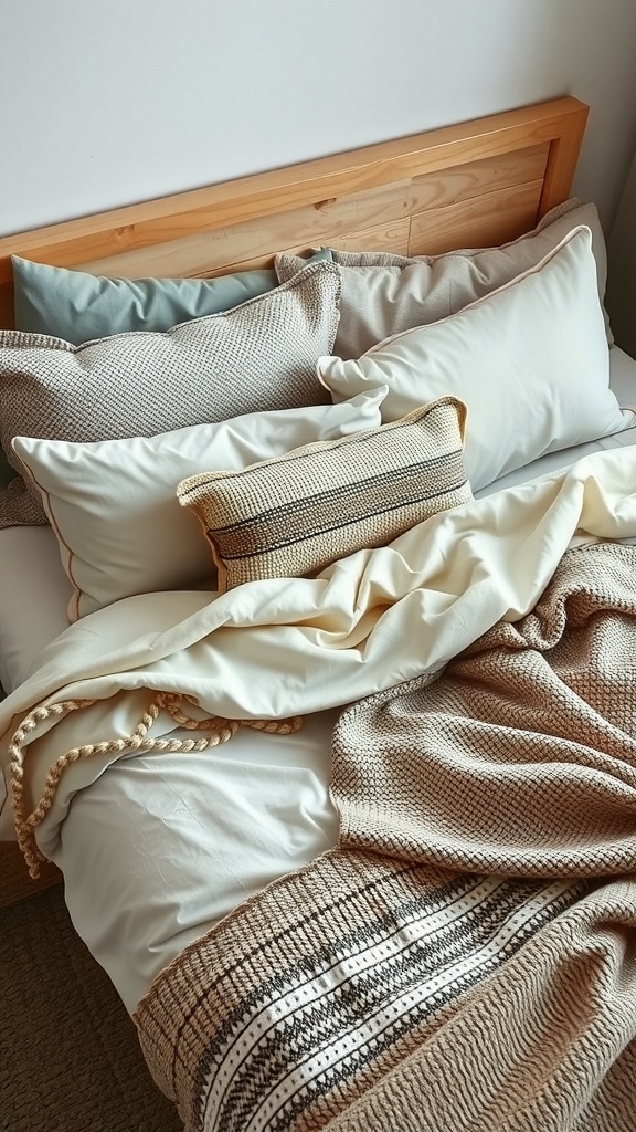 A cozy bed with a mix of textured pillows and blankets