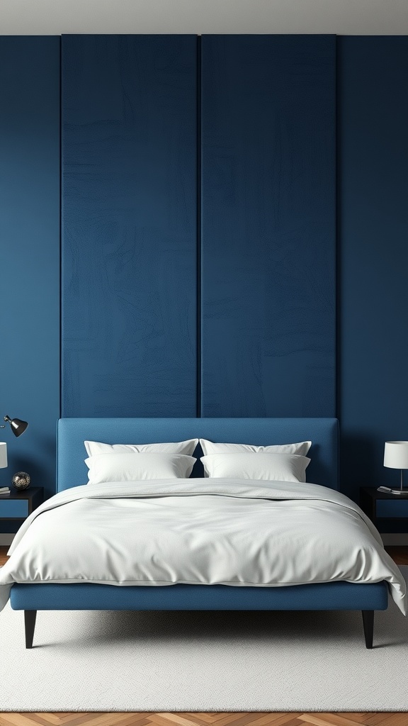 A modern bedroom featuring textured blue wall panels and a stylish blue bed.