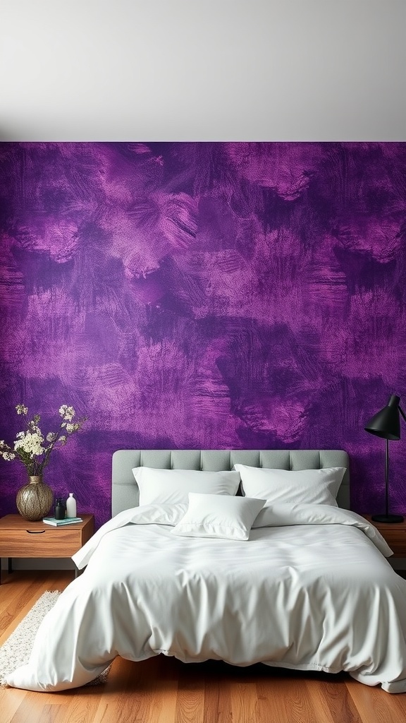 A bedroom featuring textured purple wallpaper, a gray bed with white pillows, and wooden flooring.
