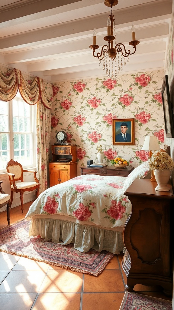 A vintage-inspired bedroom with floral wallpaper, a quilted bedspread, antique furniture, and a cozy atmosphere.