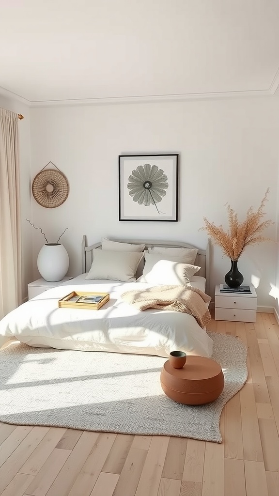 A tranquil, neutral-toned bedroom featuring a cozy bed, natural decor accents, and soft lighting.