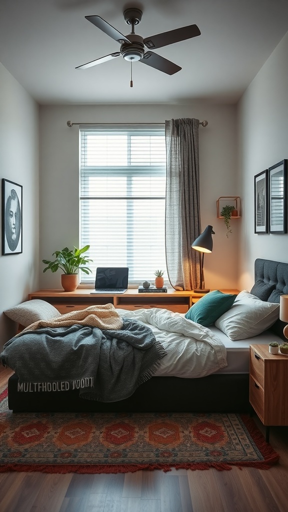 A cozy bedroom with a bed, bedside tables, and natural light.