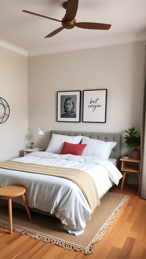 A cozy bedroom featuring a grey bed, white bedding, red accent pillows, stylish lamp, and a warm rug.