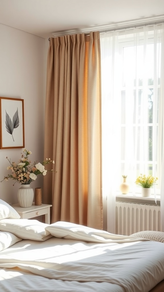 Cozy bedroom with light-filtering curtains, soft bedding, and a touch of greenery