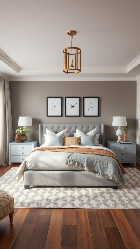 A beautifully designed bedroom featuring a grey bed, soft pastel accents, and a warm wooden floor.
