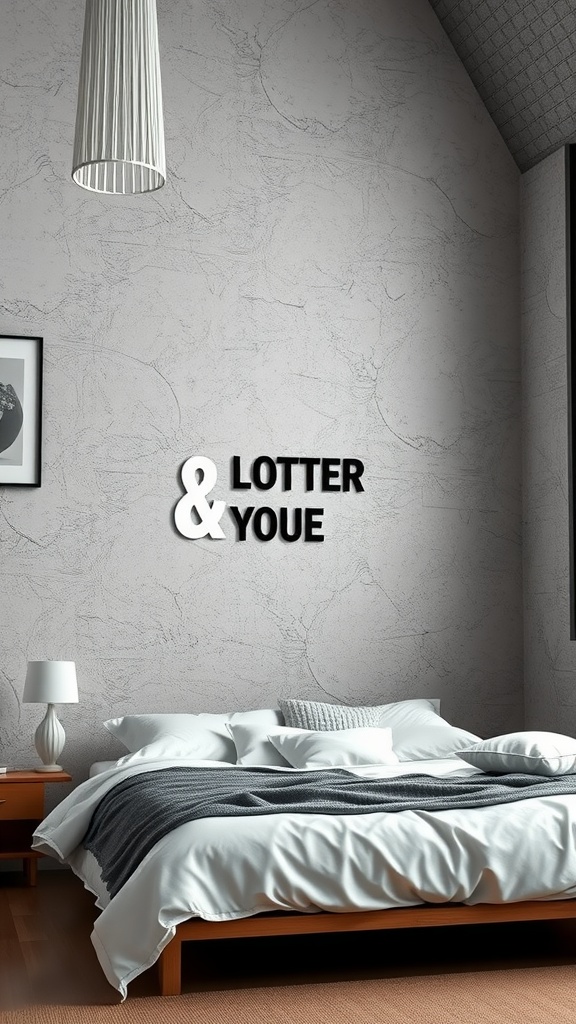 A modern bedroom featuring a textured gray wall, wooden bed, and stylish lamp.