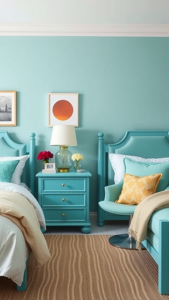 A cozy bedroom featuring turquoise furniture, including a bed frame, nightstand, and chair, against a soft blue wall.
