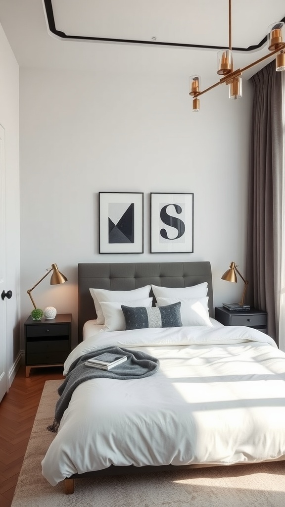 A modern bedroom featuring a gray upholstered headboard, soft white bedding, and minimalist decor.