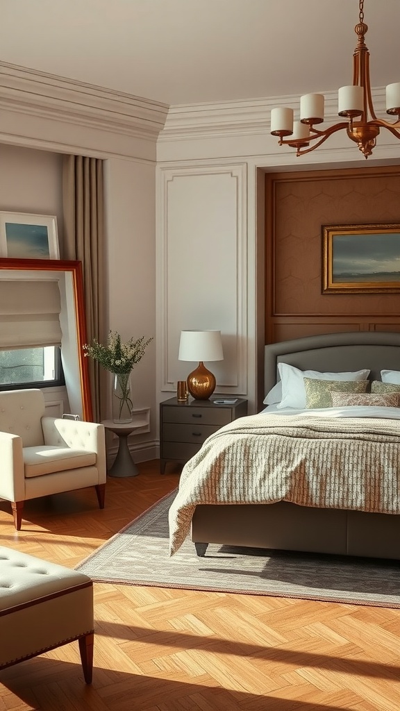 A beautifully decorated bedroom featuring a soft color palette, elegant furniture, and warm lighting.