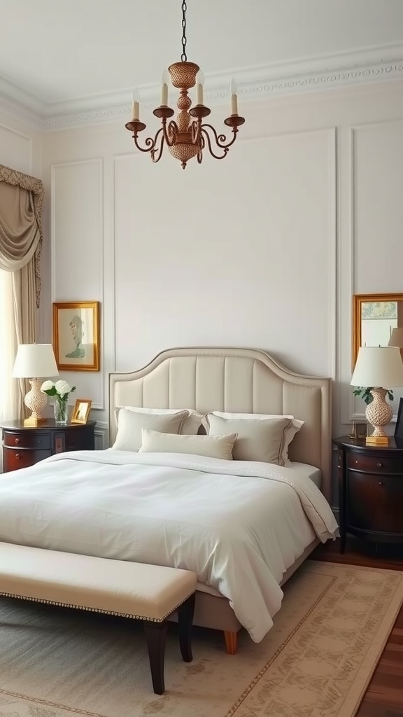 A beautifully designed bedroom showcasing understated elegance with neutral colors, a plush bed, and decorative elements.