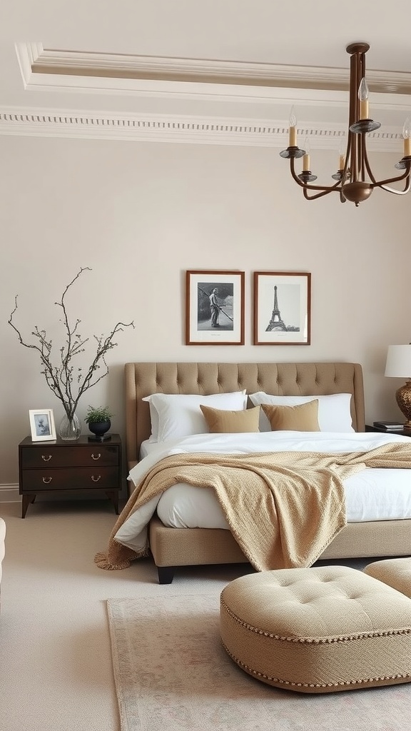 A neutral-themed bedroom featuring a tufted bed, soft bedding, and elegant decor.