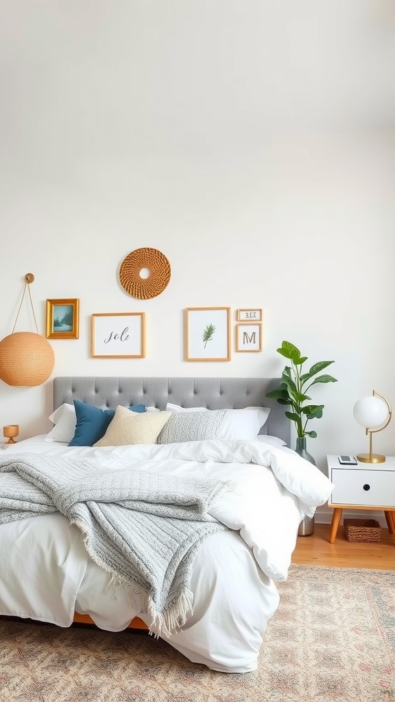 A cozy bedroom featuring a gray tufted bed with layered bedding and decorative pillows, accented by wall art and a potted plant.