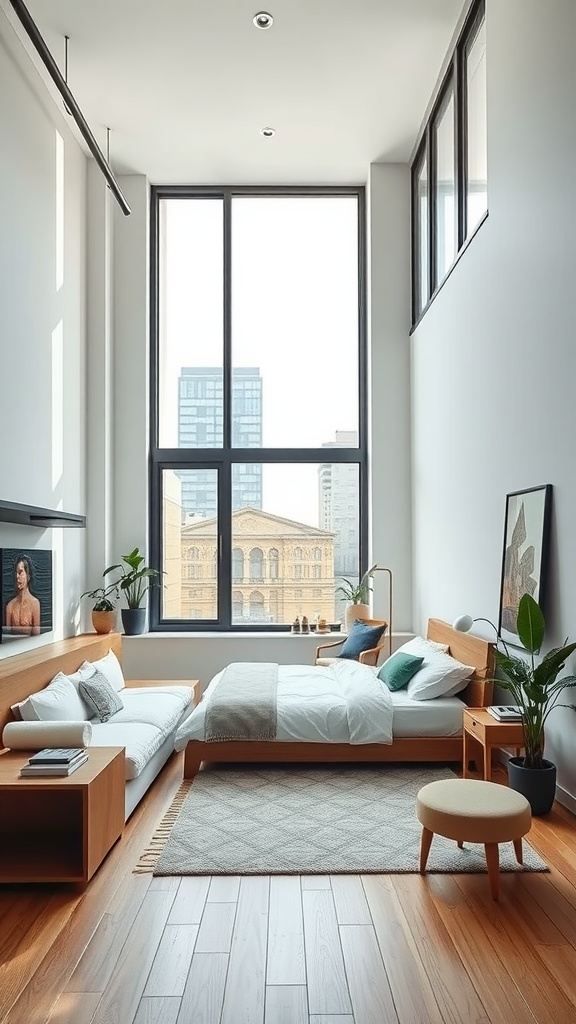 Modern urban loft style bedroom with large windows, wooden furniture, and plants