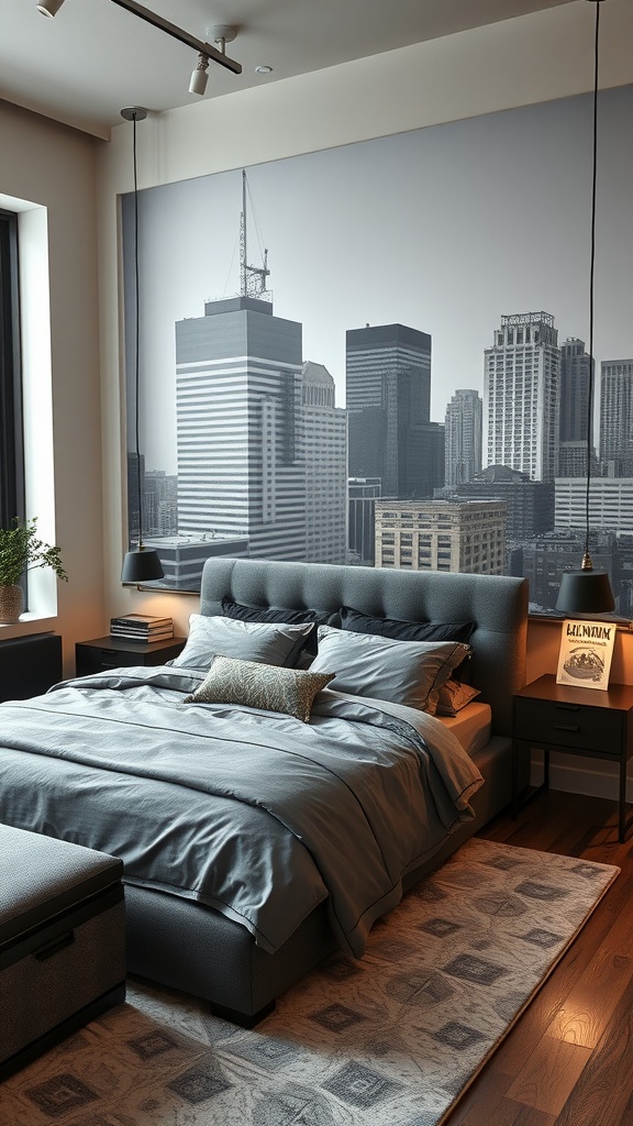 A stylish urban loft bedroom featuring a grey bed with modern decor and a cityscape mural.