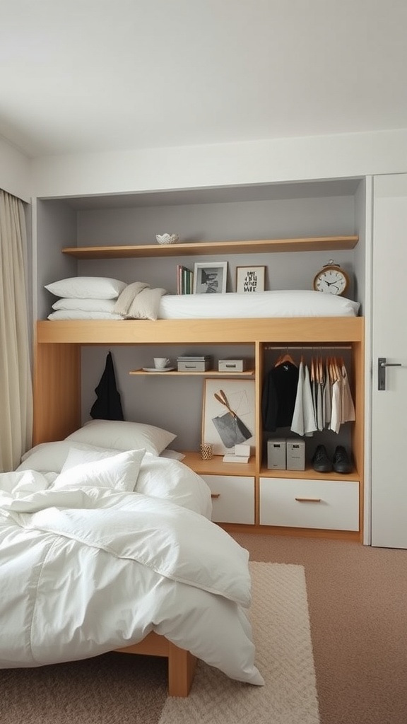A stylish bedroom featuring raised bed with under-bed storage, neatly organized clothes, and a cozy atmosphere.