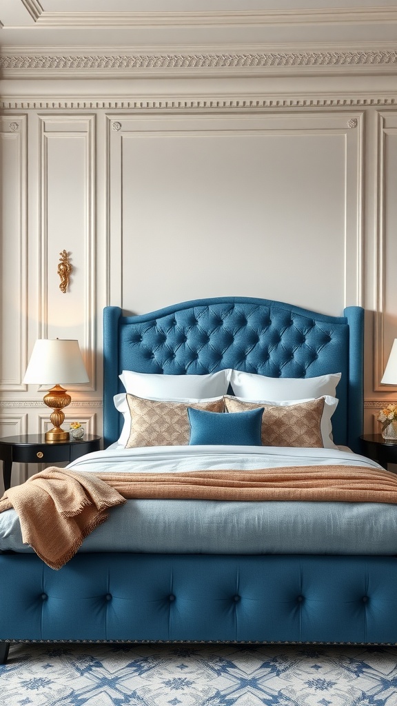 A stylish bedroom featuring a blue velvet upholstered headboard, soft bedding, and elegant decor.