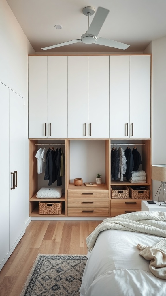 A modern bedroom featuring a light wood and white closet with open shelves, closed cabinets, and neatly folded clothes.