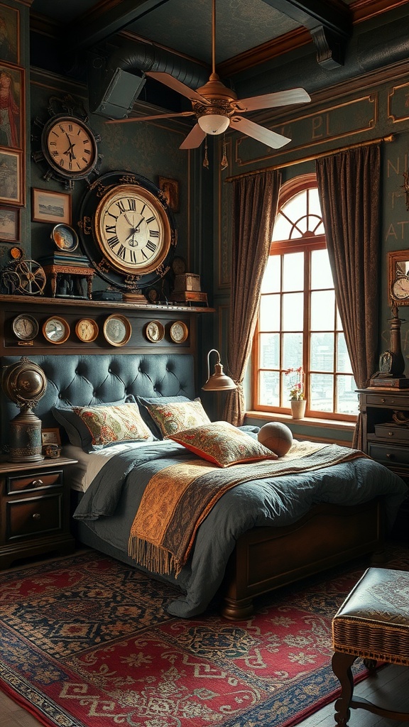 A cozy bedroom featuring Victorian Steampunk Fusion style with dark walls, vintage clocks, and plush bedding.