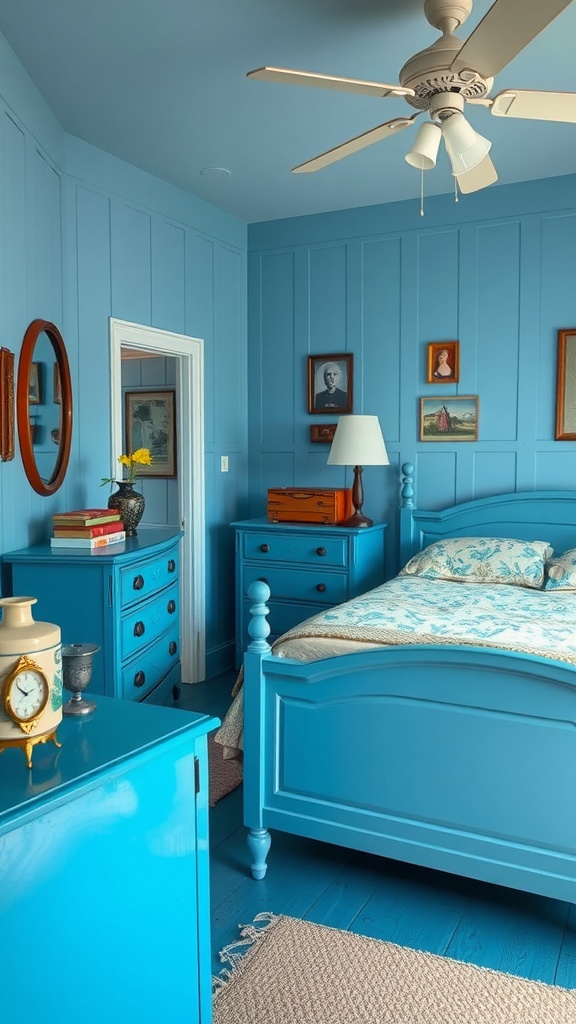 A cozy bedroom featuring vintage blue furniture, with blue walls, a blue bed frame, and various blue decor elements.
