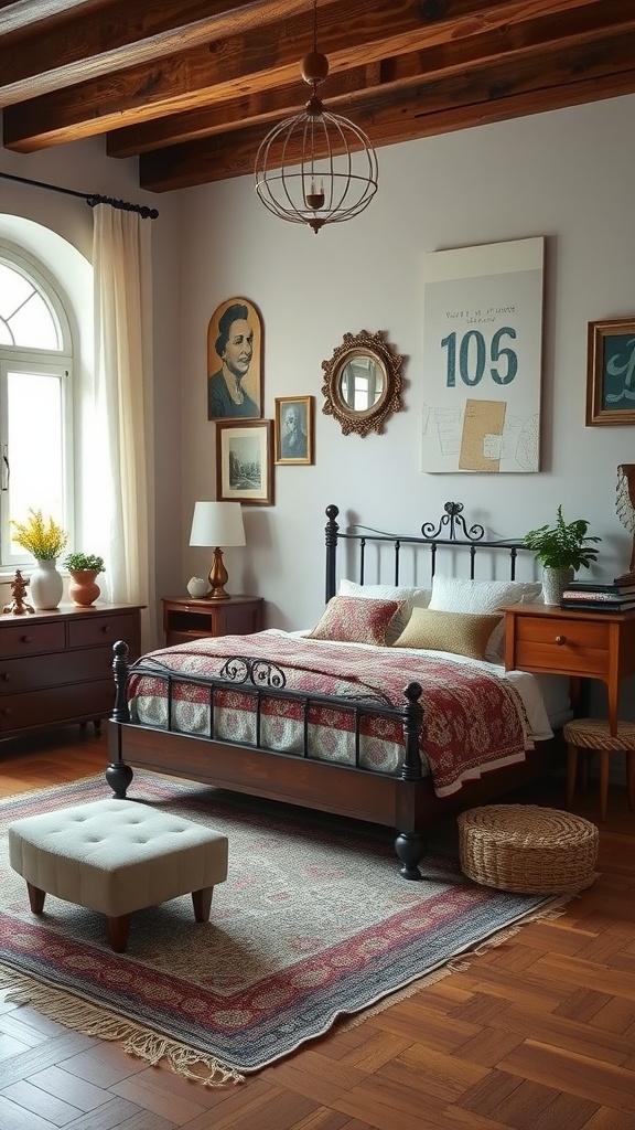 A cozy bedroom featuring a vintage bed frame, colorful bedding, vintage art on the walls, a stylish rug, and modern lighting.