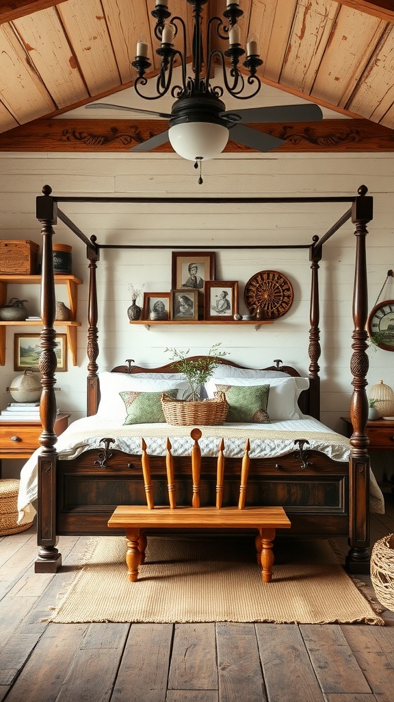 Vintage farmhouse bedroom with a four-poster bed, wooden bench, and rustic decor
