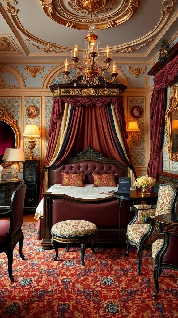 A vintage glamour bedroom featuring a canopied bed, rich colors, and elegant decorations.