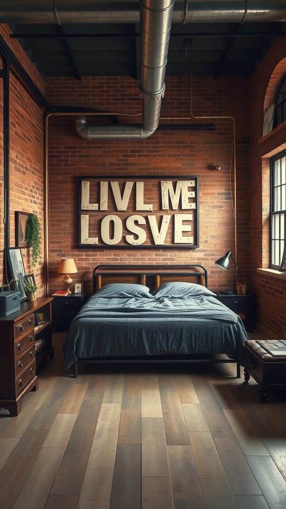 A vintage industrial loft bedroom with a brick wall, metal bed frame, and bold wall lettering.