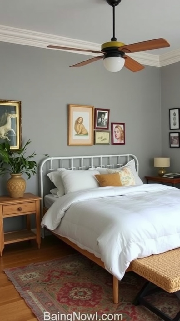 A stylish bedroom with a mix of vintage and modern decor including a metal bed frame, white bedding, a wooden bedside table, and eclectic wall art.
