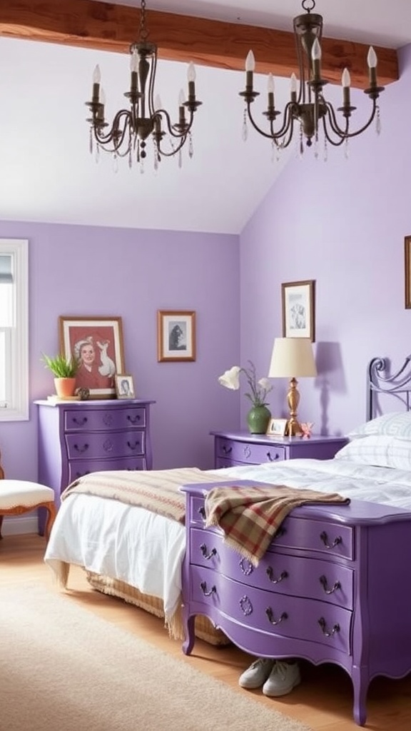 A cozy bedroom featuring vintage purple dressers, adorned with decorative elements and warm wooden accents.