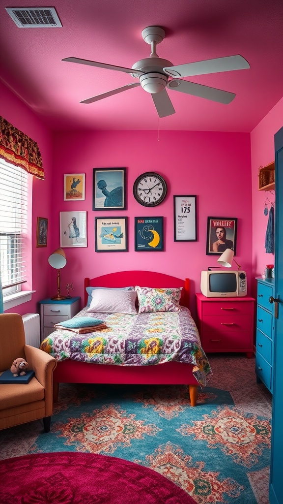 A vibrant vintage-style bedroom featuring pink walls, eclectic decor, and a cozy bed.