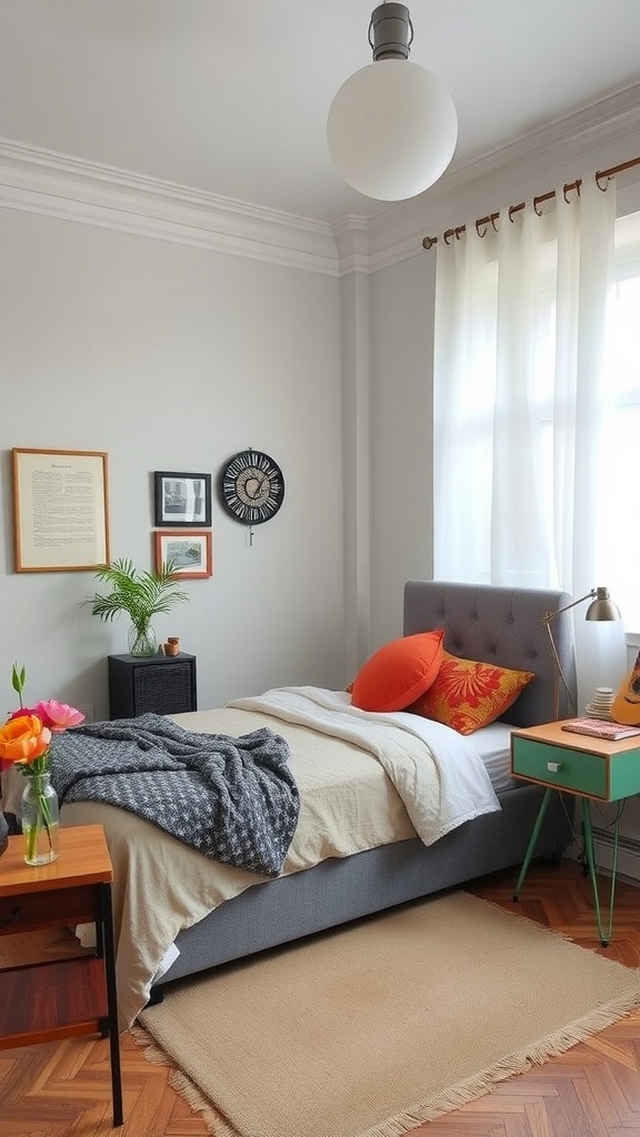 A cozy bedroom featuring a grey bed with colorful pillows and vintage decor