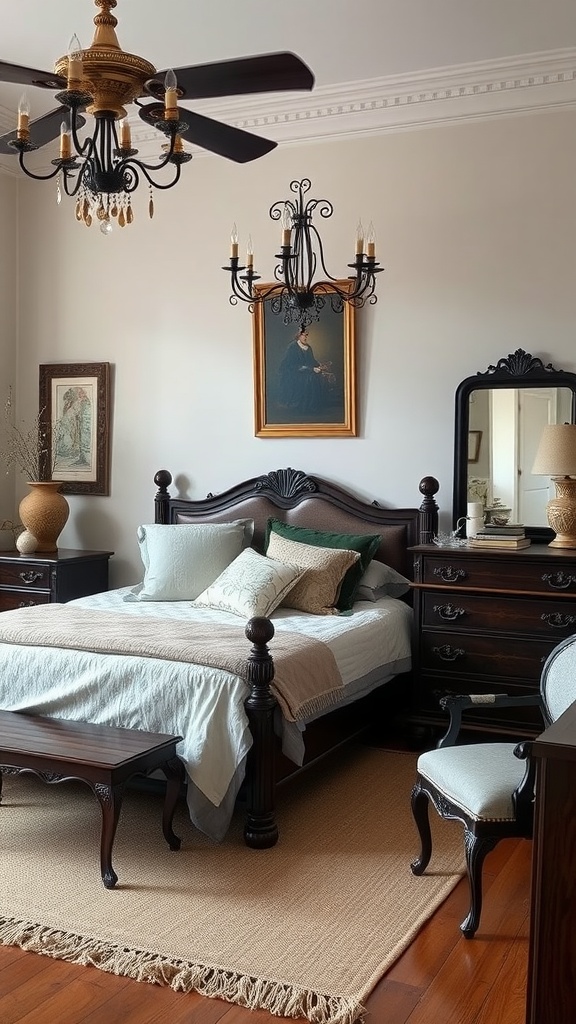 A vintage-style bedroom featuring dark wood furniture, a beautifully made bed, and elegant lighting.
