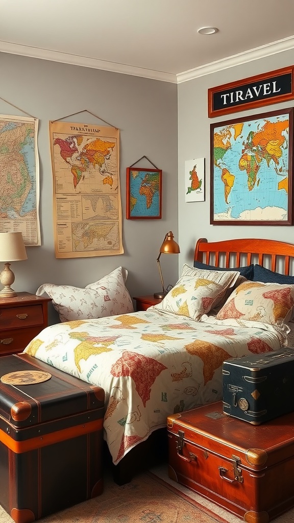 A vintage-inspired bedroom featuring travel maps, a world map quilt, and old suitcases.