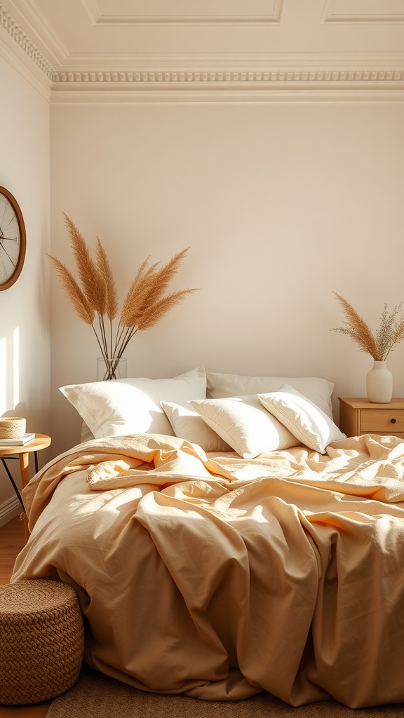A cozy bedroom with a warm-toned bedspread, pillows, and decorative plants in a neutral color scheme.