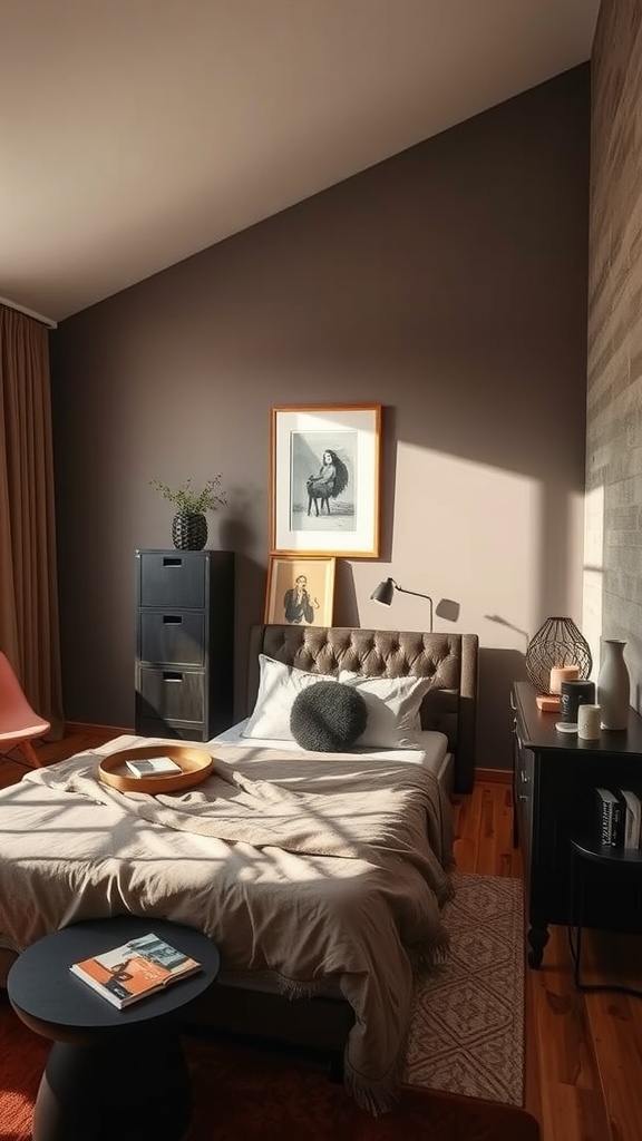 A cozy bedroom featuring dark wood accents and warm color palettes, showcasing a stylish bed, textured bedding, and natural lighting.
