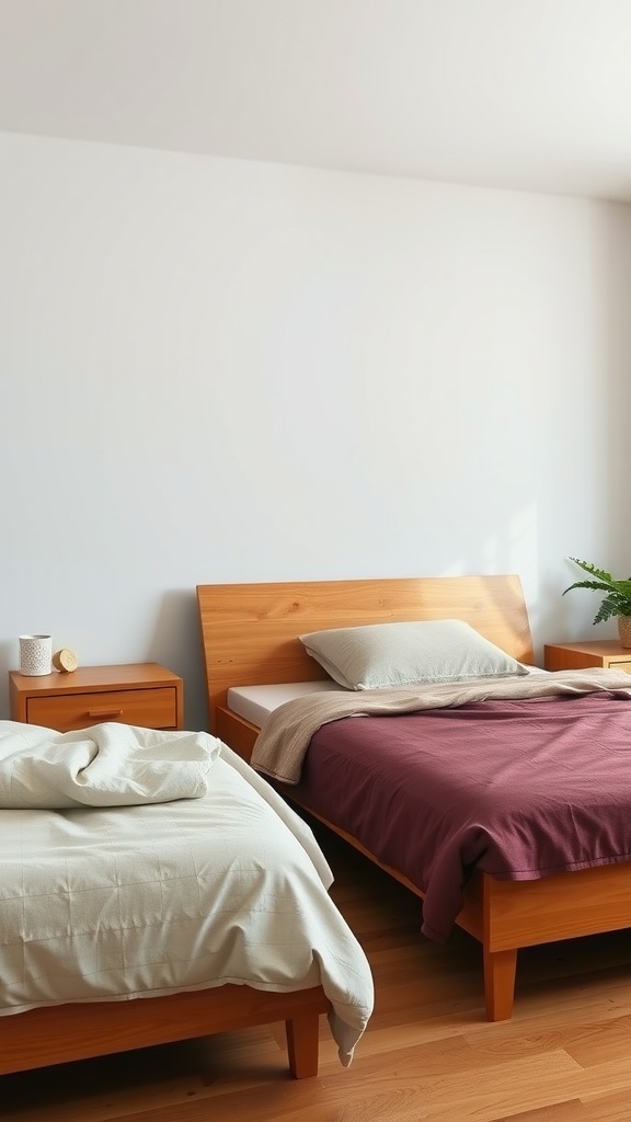 A modern bedroom featuring two wooden beds with warm finishes, showcasing a cozy and inviting atmosphere.